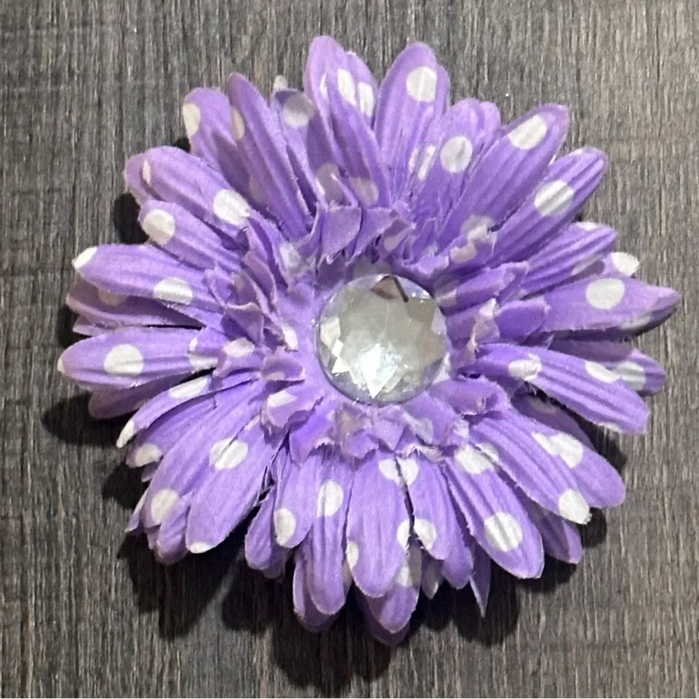💞 Large Purple Polka Dot Flower Hair Clip with Large Clear Center Gem